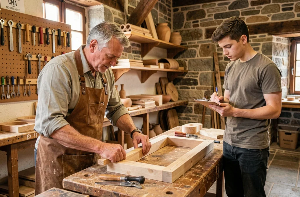 Artisan formateur de la CMA Normandie transmettant son savoir-faire à un apprenti dans un atelier traditionnel normand