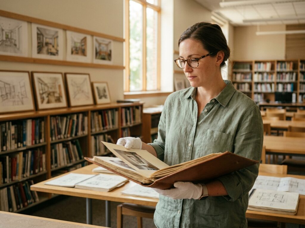 Femme consultant un portfolio d'école d'architecture d'intérieur dans une bibliothèque spécialisée avant son inscription