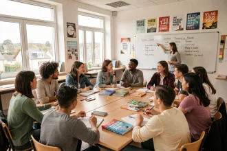 Groupe d'élèves de tous âges suivant un cours d'anglais dans une école de langue moderne en Seine-et-Marne