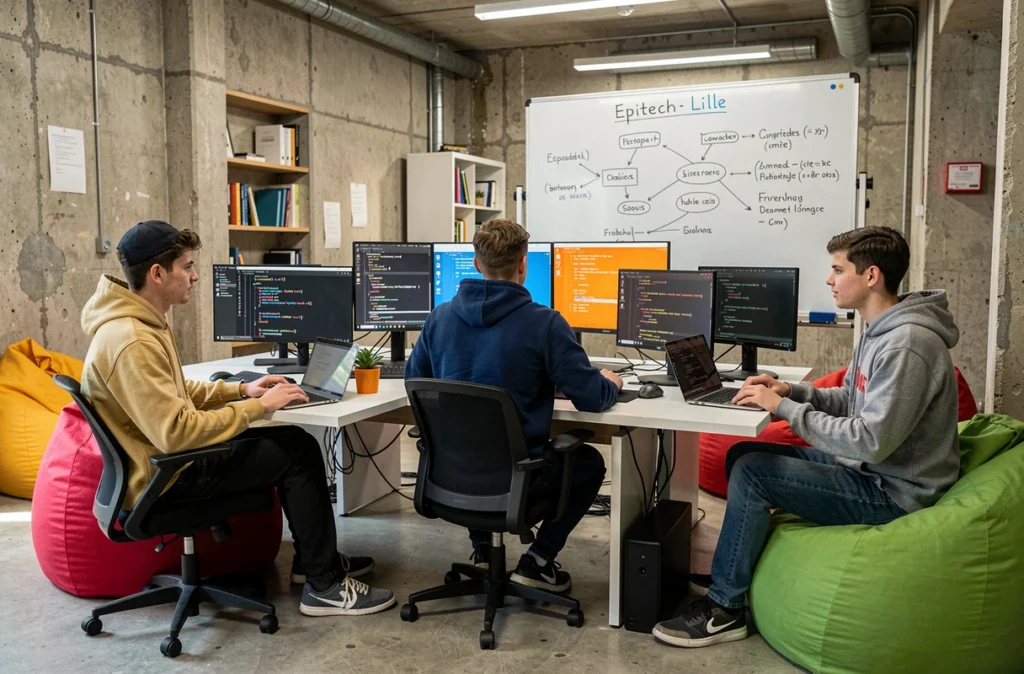 Étudiants d'Epitech Lille en session de programmation dans un espace de travail créatif et informel