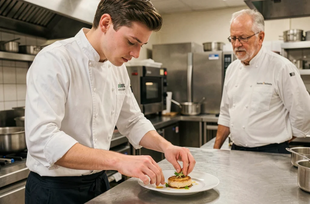 Apprenti cuisinier en train de dresser une assiette à l'EPMT École de Paris des Métiers de la Table
