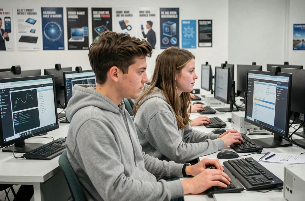Deux étudiants de l'EPSI Lille analysant des données de cybersécurité sur leurs postes de travail