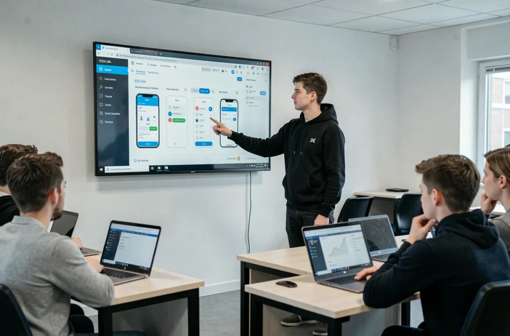 Étudiant de l'ESGI Lille présentant un projet d'application mobile devant ses camarades de classe
