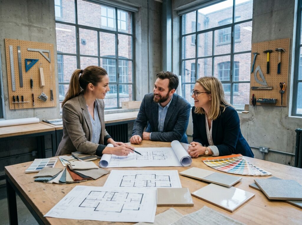 Étudiants en architecture d'intérieur examinant des plans et des échantillons de matériaux dans un studio pédagogique