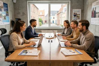 Groupe de professionnels adultes réunis autour d'une table dans un centre de formation professionnelle en Normandie