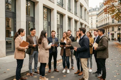 Groupe de jeunes adultes devant un campus de formation en alternance à Paris