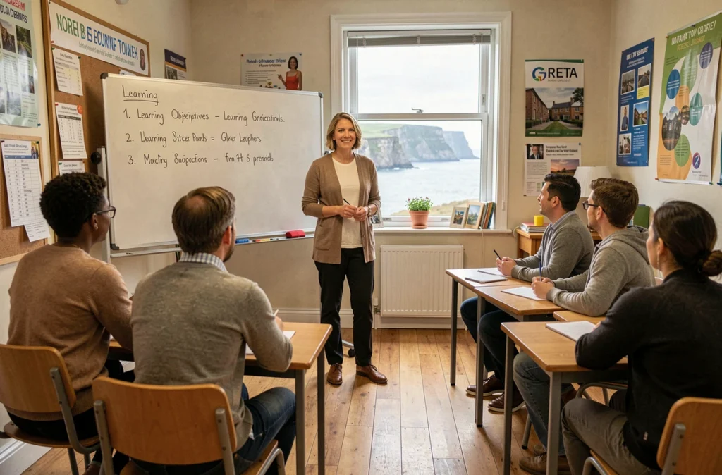 Formatrice du GRETA Côtes Normandes animant un cours de formation continue dans une salle de classe en bord de mer