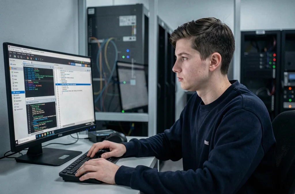 Étudiant de l'IPSSI Lille en train d'analyser le trafic réseau dans un laboratoire de cybersécurité