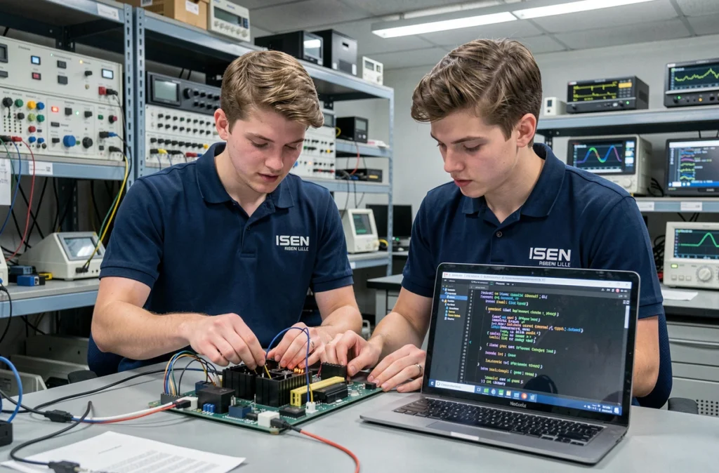 Étudiants de l'ISEN Lille en train de travailler sur un prototype d'électronique embarquée