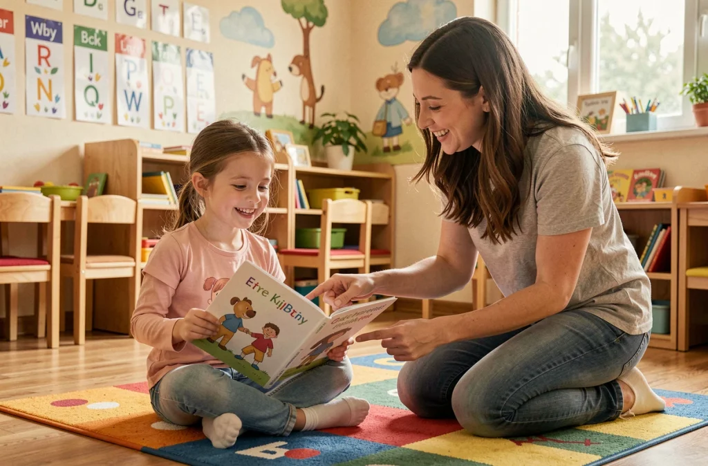 Petite fille apprenant l'anglais avec une enseignante dans une école bilingue pour enfants