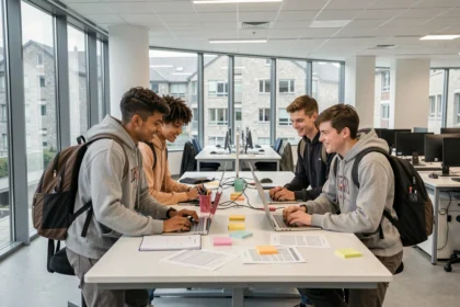 Étudiants en informatique dans une salle informatique moderne d'une grande école des Hauts-de-France
