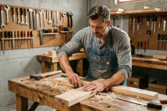 Menuisier expérimenté mesurant une planche en bois dans un atelier de bricolage bien équipé