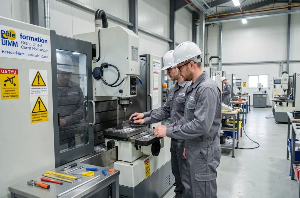 Stagiaires en formation industrielle sur machine CNC au Pôle formation UIMM Grand Ouest Normandie à Caen