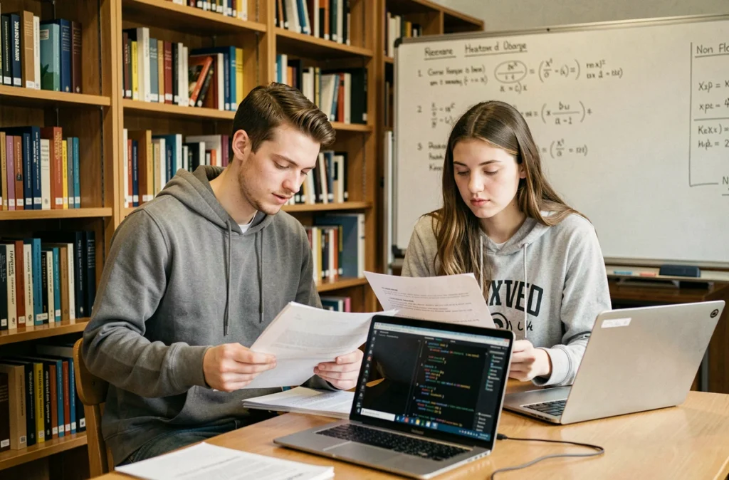 Étudiants de l'Université Polytechnique Hauts-de-France en licence ou master informatique travaillant à la bibliothèque universitaire