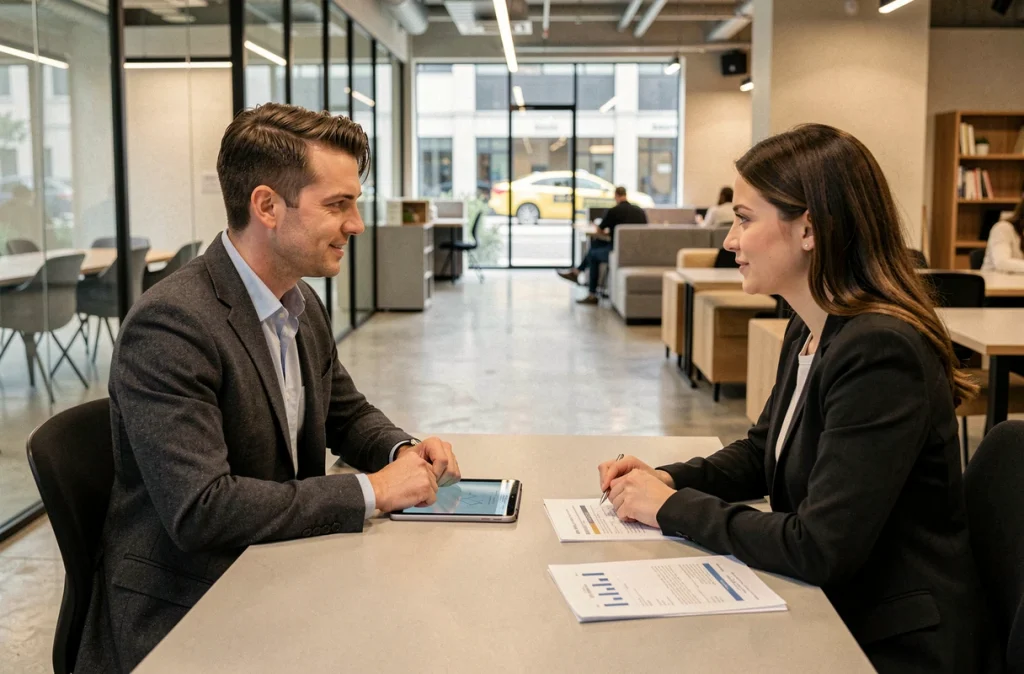 Professionnel suivant une formation d'anglais en méthode mixte chez Wall Street English à Serris