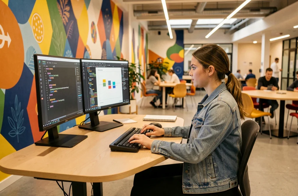 Étudiante de l'Ynov Campus Lille développant un projet web dans un espace de campus moderne et coloré