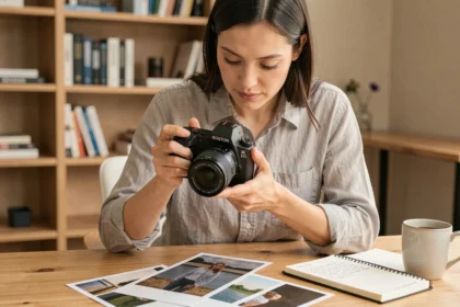 Femme apprenant la photographie en mode manuel avec un appareil photo sur un bureau en bois entouré de notes et de tirages photo