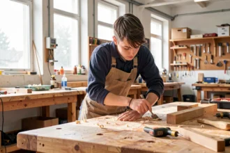 Apprentie en atelier de formation professionnelle devant un établi
