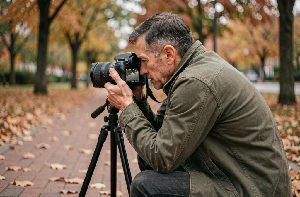 Homme en train d'apprendre à régler manuellement son appareil photo reflex en plein air dans un parc urbain en automne